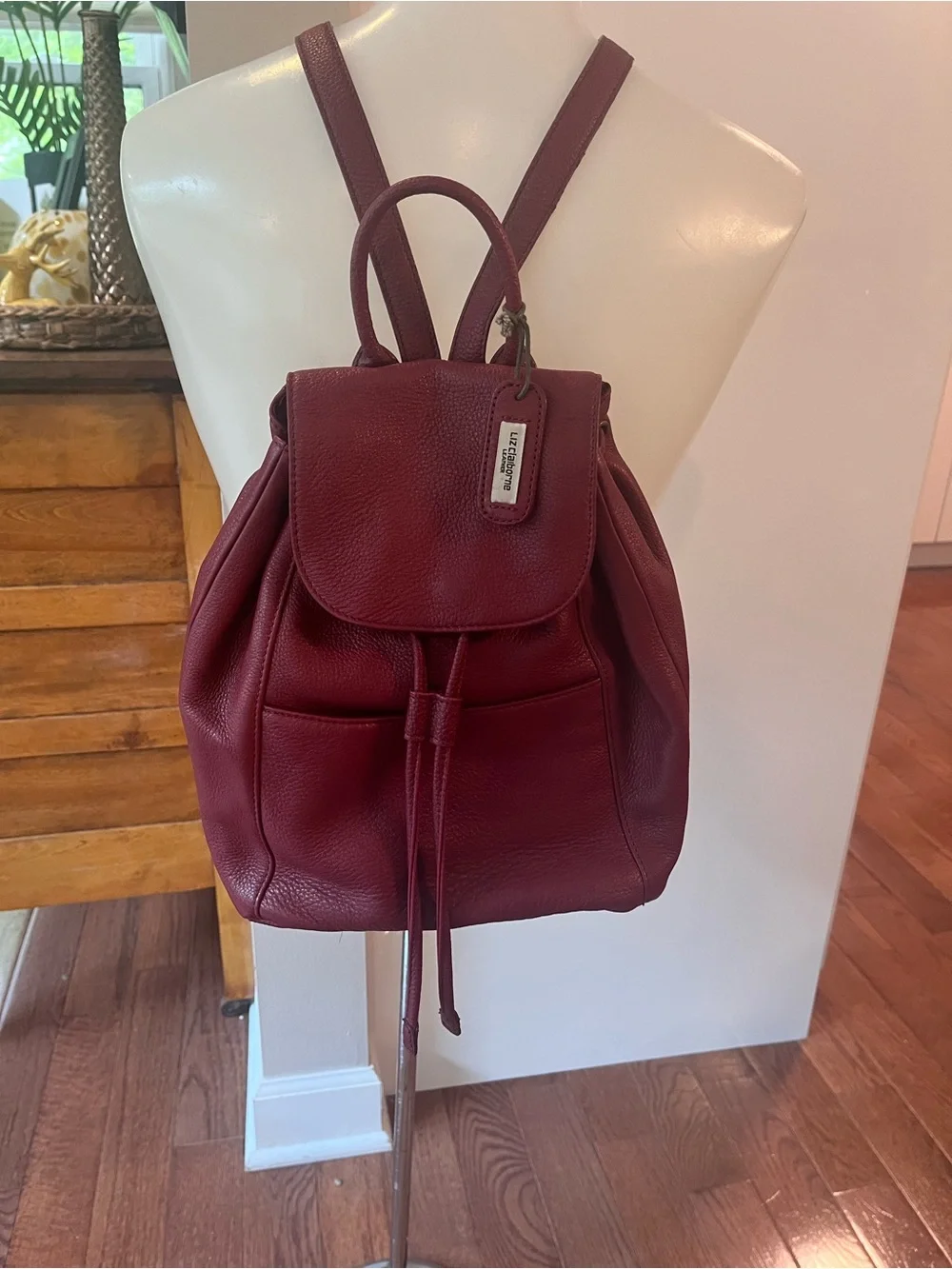 Liz Claiborne Vintage Red Pebbled Leather Drawstring Backpack Purse